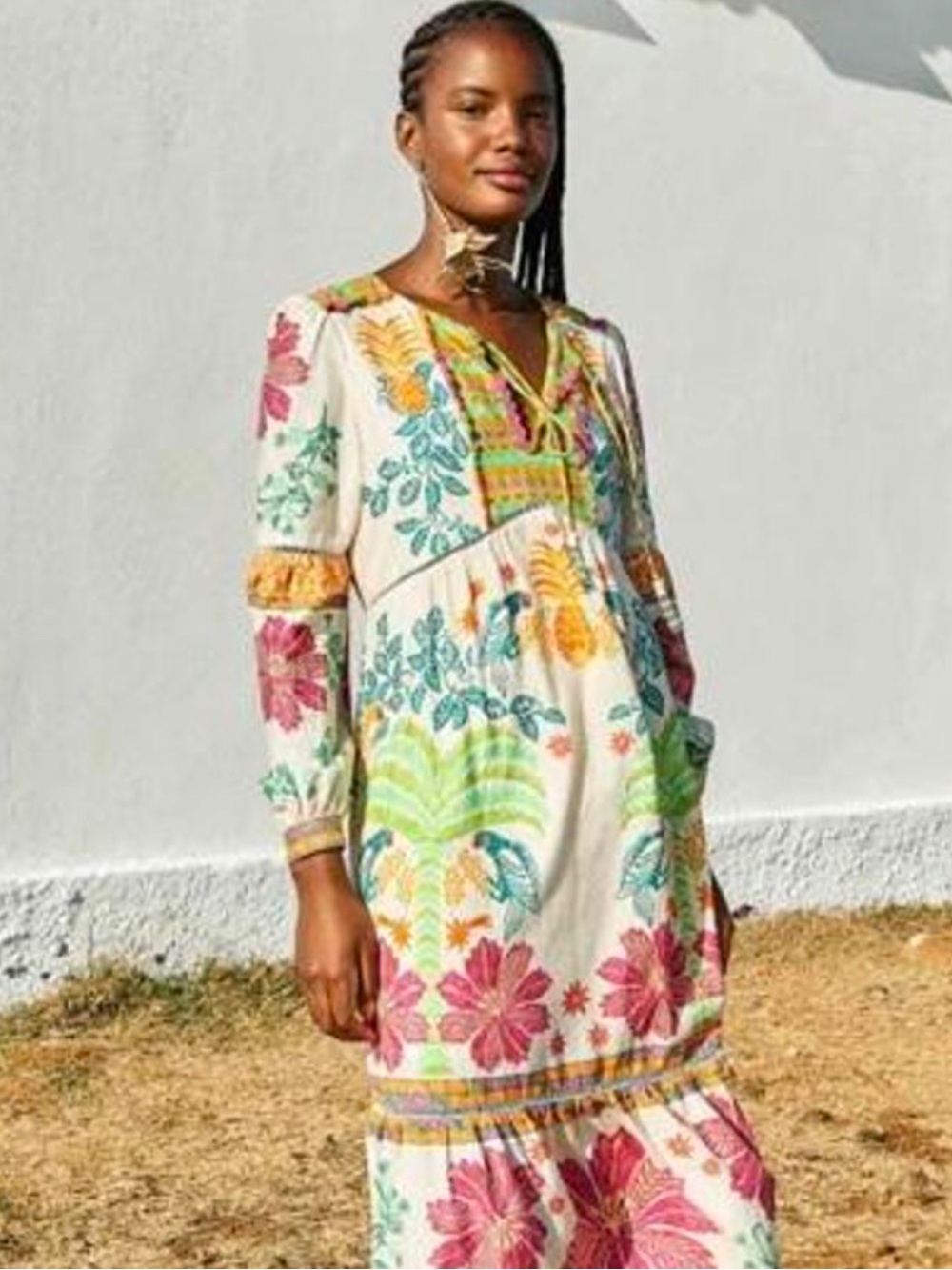 FARM Rio Cream Maxi Dress with Pink & Green Tropical Embroidery